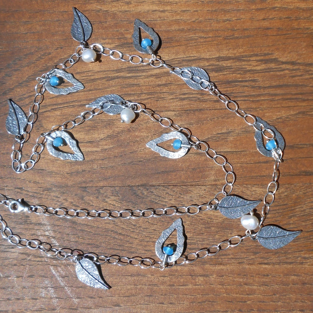 Silver Leaf Necklace Freshwater Cultured Pearls - Picture 3 of 6
